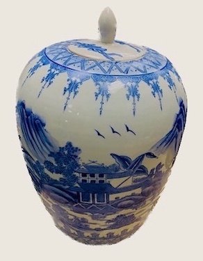 Vintage Blue & White Pagoda Ginger Jar Porcelain Dcor