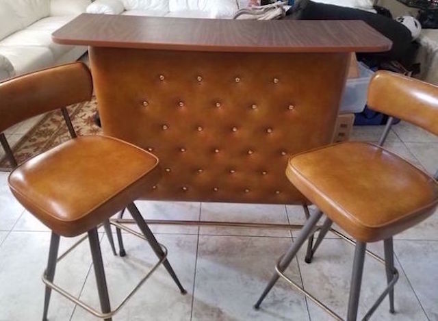 Vintage 1960s Tufted Naugahyde Cocktail Bar & 2 Matching Stools
