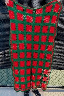 Vintage 1970s Red and Green Checkerboard Crochet Afghan