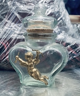 Small Heart Shaped Glass bottle w cherub appliqu