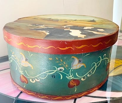 Decorated Wooden Brides Round Bentwood Box Folk Art
