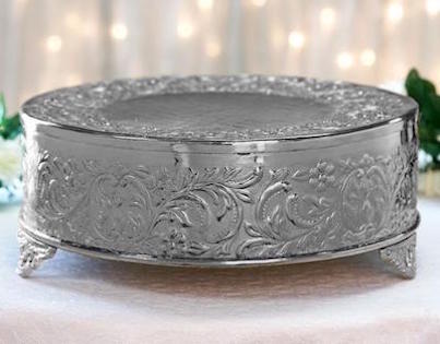 Silver Round Embossed Metal Cake Stand