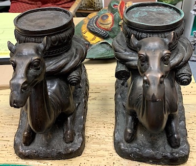 Pair of Antique Cast Metal Camel w Patina Pillar Candleholders