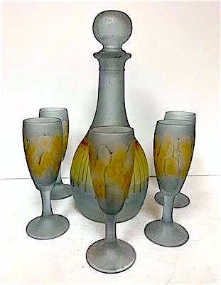 Rueven Nouveau Art Glass BlueGrey and Yellow Drip Decanter Set