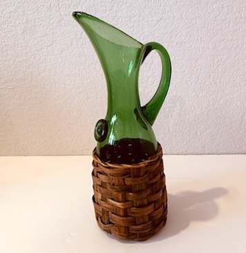Italian Emerald Green Glass with Weave Wicker Base Wine or Water Pitcher