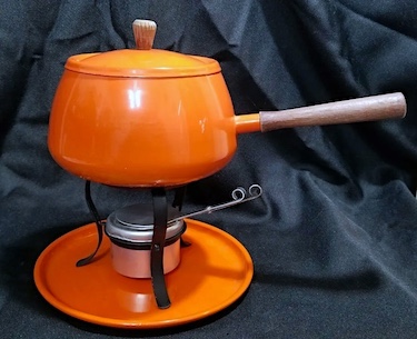 Vintage 1970s Avocado Orange Aluminum Fondue Set
