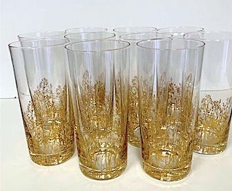 Mid Century Gold Grass Glasses  Set of 10