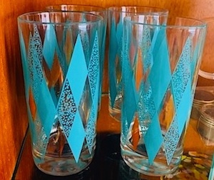  Glass Harlequin Diamond Highball Glasses Turquoise and Gold