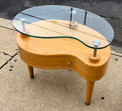 Mid Century Modern Style Kidney Shaped Glass Top Side Table
