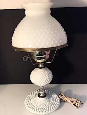 Vintage White Hobnail Milk Glass Table Lamp with Glass Chimney