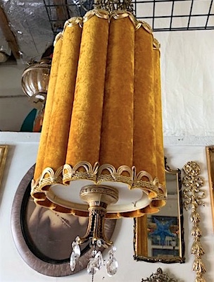 60s Swag Lamp with Gold Velvet Scalloped Drum Shade