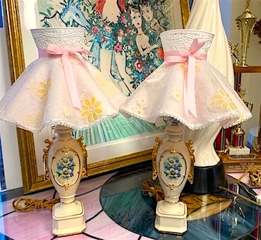 Vintage French Floral Base Small Parlor Lamps with Hard Plastic Shades