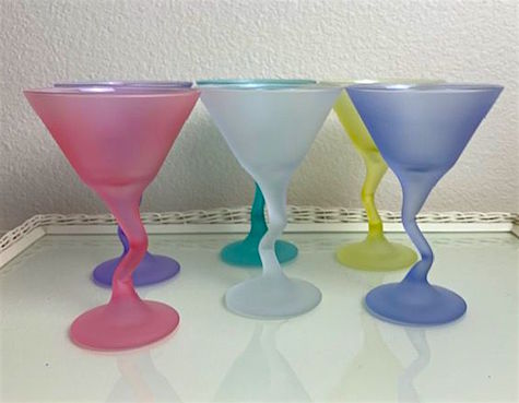 Libbey Jeweled Satin Colored Crooked Stem Martini Glasses