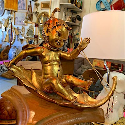 Hollywood Regency Gold Pixie Sliding on a Leaf