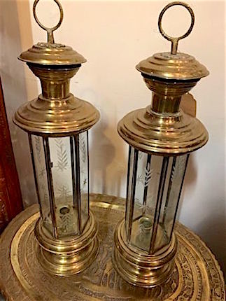 Vintage Brass Candle Lanterns Etched Glass
