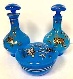 French Blue Opaline Milk Glass Bottles w Powder Box