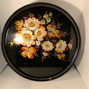 Vintage Round Metal Hand Painted Floral Tray - Russian