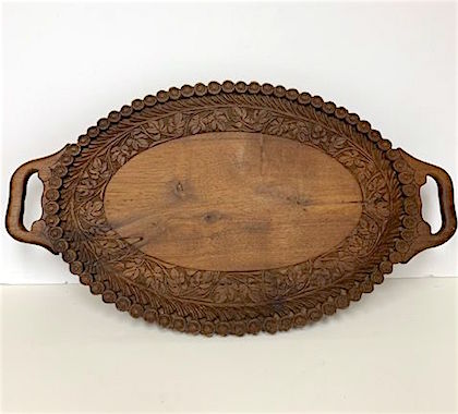 Vintage Carved Wooden Oval Tray with Handles